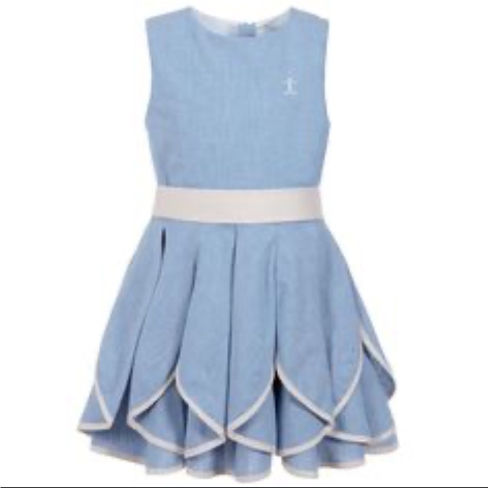 Classic Light Blue Pleated Girls' Dress with Cream Waistband